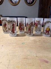 Set Of 6 Vintage Frosted Glass Tumblers Featuring Charles Dickens Characters