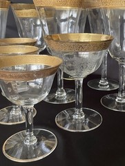 Tiffin-Franciscan clear optic crystal with a gold-encrusted band rim. Set