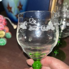 Set of 6 Tiffin Glasses with Etched Designs & Dark Green Uranium Stems Vintage