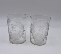 Antique Set of 2 Small Applied Floral Design Monogram Letter E Glasses