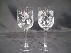 Water/Wine Glasses Gray Cut Floral Berries on Bowl Unknown Manufacturer Set of 6