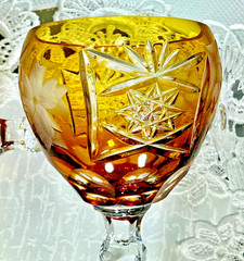 Cut to Clear Glass Crystal 8” Set of 6 Nachtmann Amber Yellow Hock Wine Glasses.