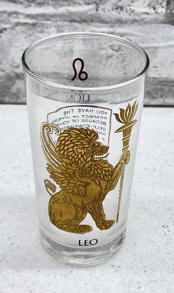 Vtg MCM Leo Zodiac Glass Heavy Gold Tom Collins Barware Anchor Hocking Glass