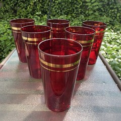 6 Anchor Hocking Royal Ruby Flat Tumblers Glasses 9oz Gold Bands 4 3/4″ Vintage