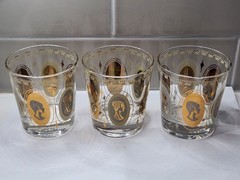 Vintage Set of 3 Gold Royal Ladies Portrait Cocktail Rocks Glasses Barware MCM