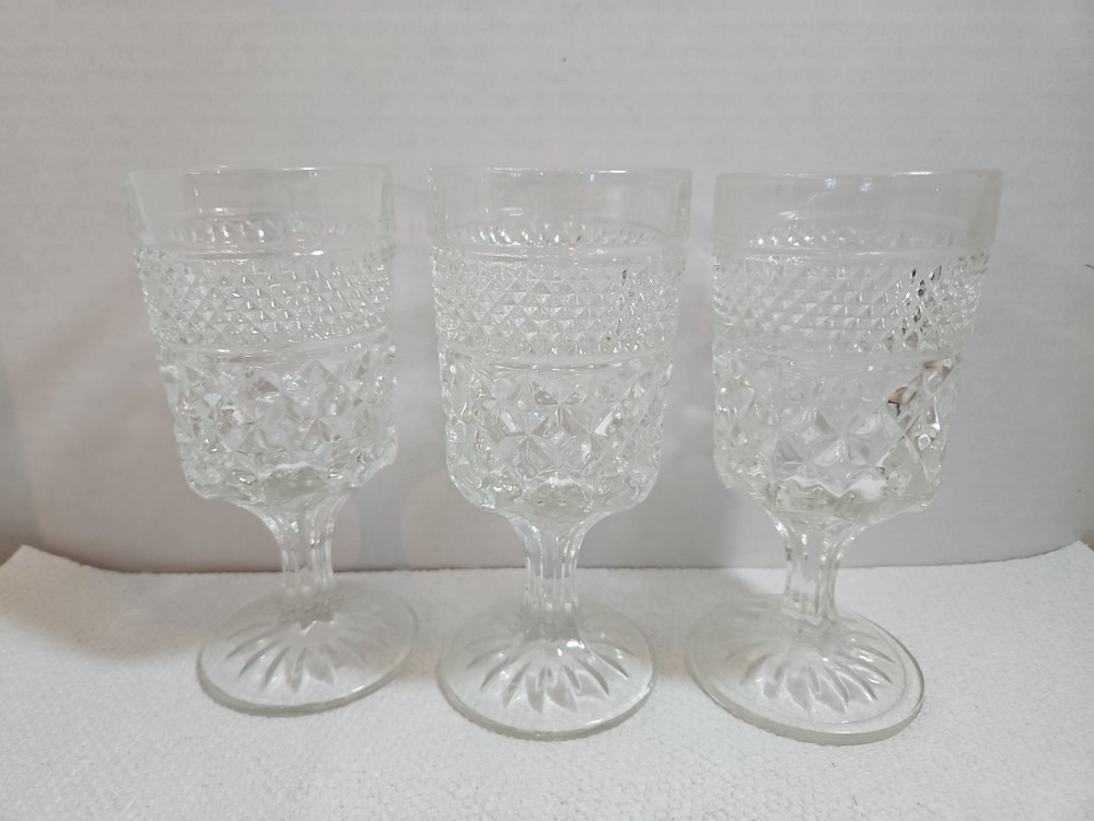 3 Vintage Anchor Hocking Wexford Water Or Wine Goblets Pressed Glass 6 3/4″ T.