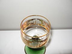 Wine Glass Clear to Green Gold Band & Edge Beehive Stem 4 1/2″ Height VGC