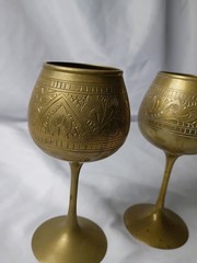 Vintage Brass Goblet Set Ornate Etched Chalice Cups Pair Decorative