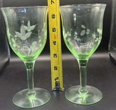 Set of 2 Vintage Uranium Glass Wine Goblets – Etched Floral Vine Vaseline