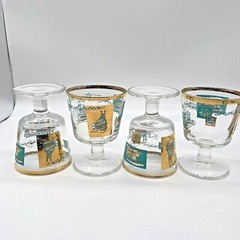 4 Libbey MCM Barware cocktail Glasses, Turquoise And Gold Pedestal, 1 Jigger