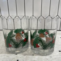 Two Vintage LIBBEY Pinecone & Holly Double Old Fashioned Glass Tumbler