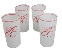 Federal Glass Mid Century Frosted Tumbler Glasses Red Rim Monogram B Set 4