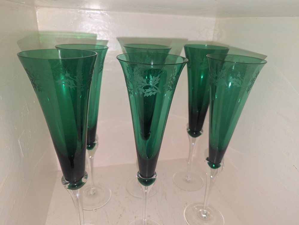 Lenox Set of 6 Holiday Gems Emerald Fluted Toasting Champagne Flutes Long Stem