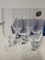 NIB 6 Bohemian Crystal Diamond Ball Stem Champagne Flutes Vintage Czechoslavakia