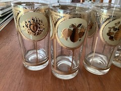 MCM Culver Highball Glasses 22K Gold Pattern Pineapple Pear Set Of 5