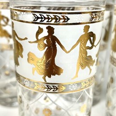 MCM Gold Grecian Goddess Design Glass Ice Bucket & 7 Highball Glasses Aldon