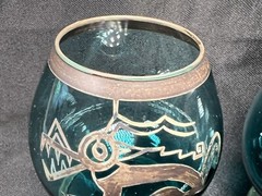 VTG SET 2 BOHEMIAN SILVER OVERLAY SMOKY GREEN BRANDY COGNAC SNIFTERS BIRD WOLF