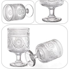 6 Pack Vintage Goblet Glasses, 8 OZ Embossed Floral Glass Cup, Clear Romantic