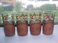 4 Vintage Libbey Bamco Western Glasses 5.5” 12 oz w Tooled Leather Holder