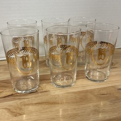 VTG Libbey Gold Laurel Leaf Monogrammed B Glasses Set of 6 MCM