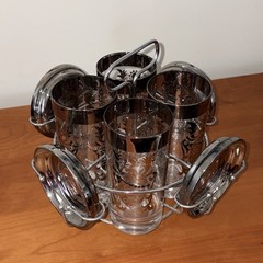 MCM Kimiko Coat Of Arms Barware Set W/ Tumblers/Caddy/Coasters. Silver & Chrome.