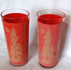 Vintage 1960’s Culver Mandalay Red Siam Thai Goddess Glass Tumblers 6″x3″ 0162