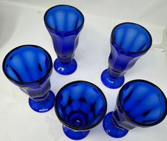 ANTIQUE 5 Cobalt Blue Goblets Panel Footed Glasses Water Ice Cream Ice Tea Malt