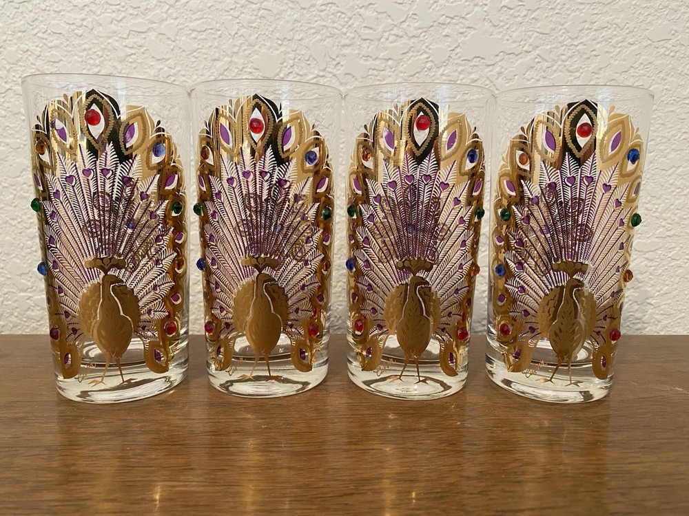 Culver Glass Jeweled Peacock Highball Tumblers Set of Four