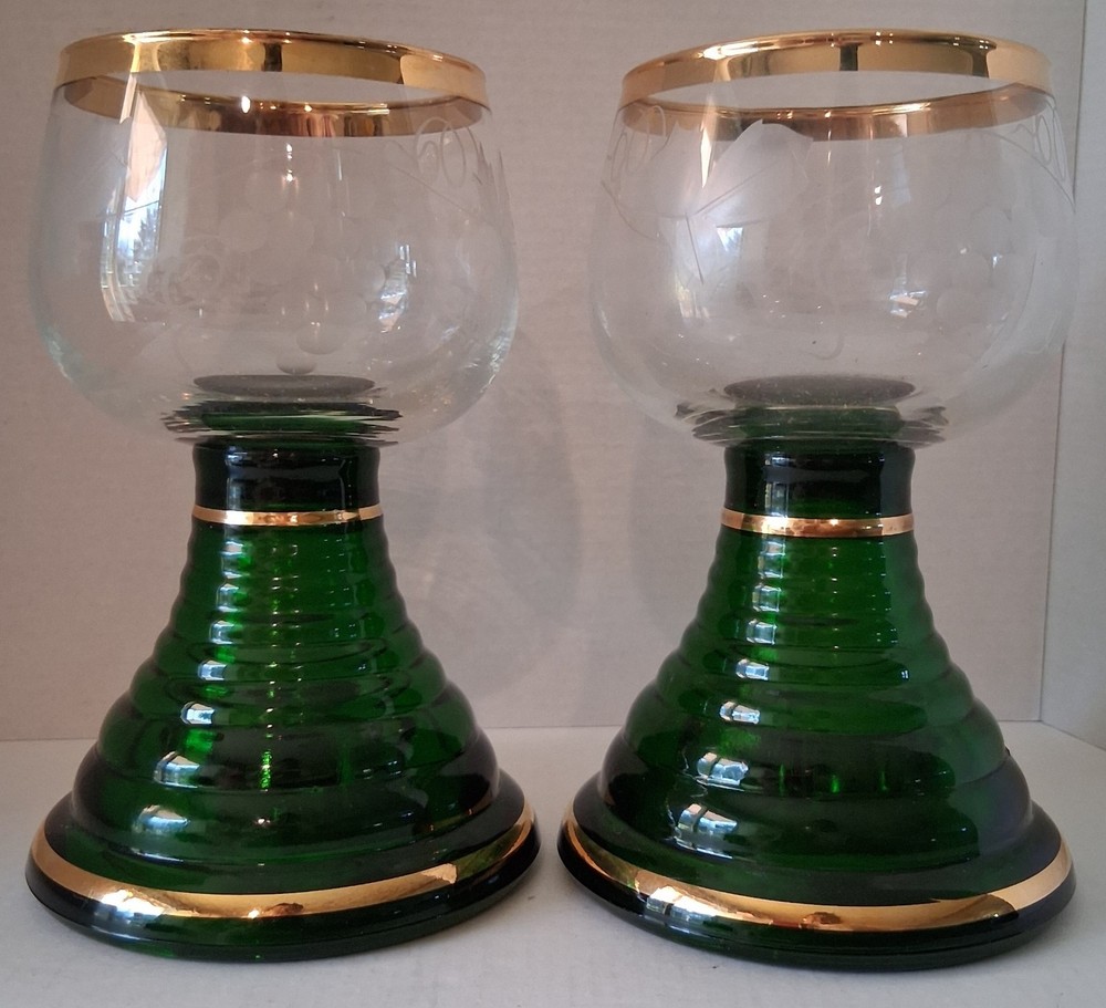 Vintage Domes Austria Romer Wine Glasses Emerald Green Etched Grape Leaf Musical