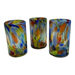 Art Glass Hand Blown Tumbler Thick Glass Set Of 3 Colorful Rainbow ￼5.25” Tall