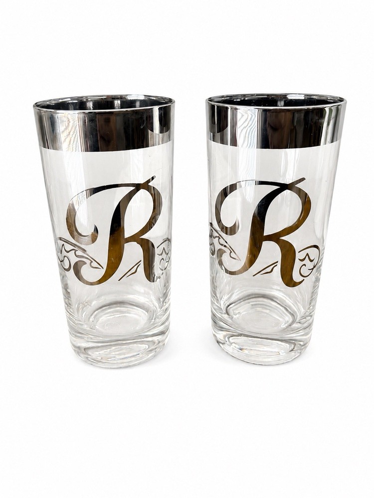Pair Of Two Dorothy Thorpe Monogram Silver Rim Tall Bar Glasses Mid Century “R”