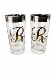 Pair Of Two Dorothy Thorpe Monogram Silver Rim Tall Bar Glasses Mid Century “R”