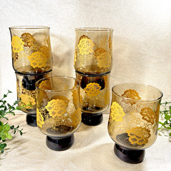 Groovy Smokey Brown Tumbler Glasses With Yellow Flowers Set 6 MCM Stackable