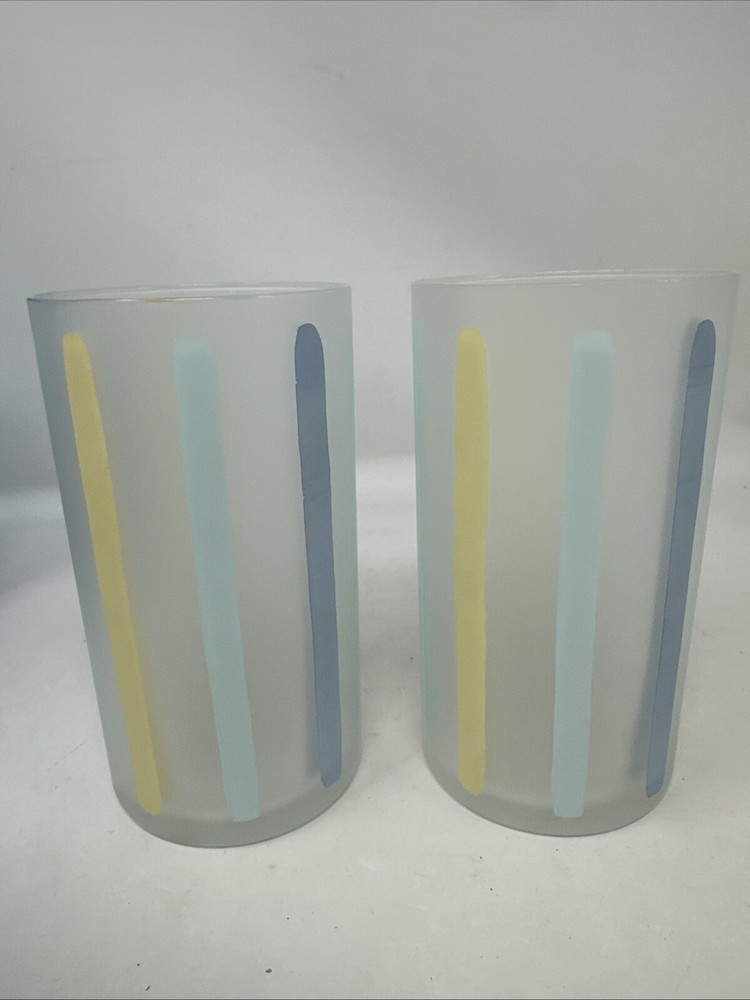 Set Of 2 Nieman Marcus Pastel Stripes Frosted Tumbler Glasses MCM Rare
