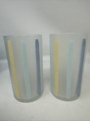Set Of 2 Nieman Marcus Pastel Stripes Frosted Tumbler Glasses MCM Rare
