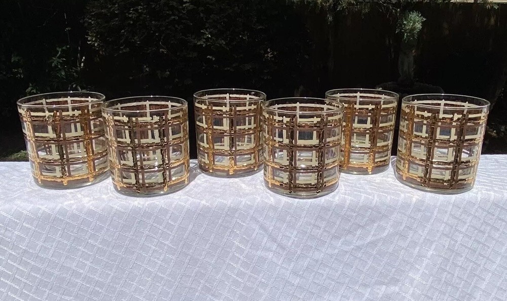 6 MCM Culver Rock Glasses Brown Cream 24k Gold Plaid Basket Weave Old-Fashioned
