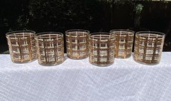 6 MCM Culver Rock Glasses Brown Cream 24k Gold Plaid Basket Weave Old-Fashioned