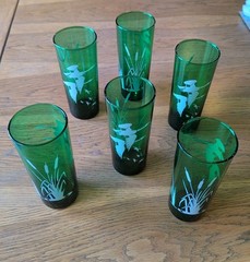 Anchor Hocking 1950 Emerald Green White Flying Geese Cat tail 16 Oz Glasses EUC