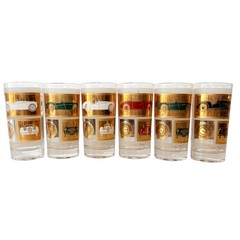 Hollywood Regency Highball Glasses Set of 6 Classic Car VTG Gold MCM Barware