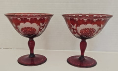 Czech Red Bohemian Champagne Glasses Ruby Cut to Clear Egermann Deer Castle Pair