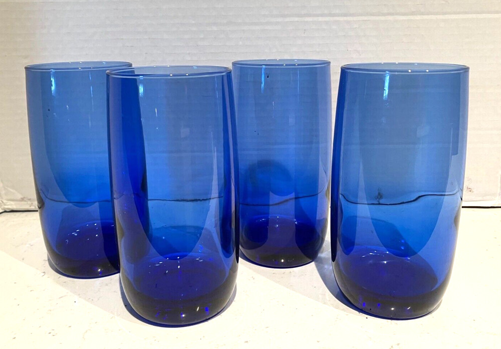 VTG SET/4 COBALT BLUE CLASSIC WATER GLASSES/TEA 6″ WEIGHTED BASE 16OZ