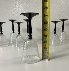 Vintage Set of 8 Black Stem Wine Glasses Swirl Optic Clear Glass Goblets