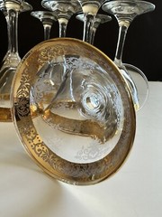 Cellini Martini Glasses Italy 1970’s Etched Crystal 24k Gold Rim Set of 8