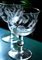 Vintage Set 6 HAND CUT Wine Glasses Ball Stem GREY CUT ROSES w LEAVES 4.5″