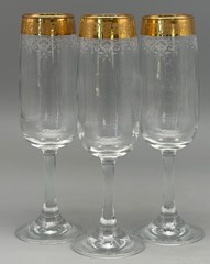 3 CELLINI BLOWN CRYSTAL CHAMPAGNE FLUTES GLASSES HAND DECORATED 24 KT GOLD ITALY