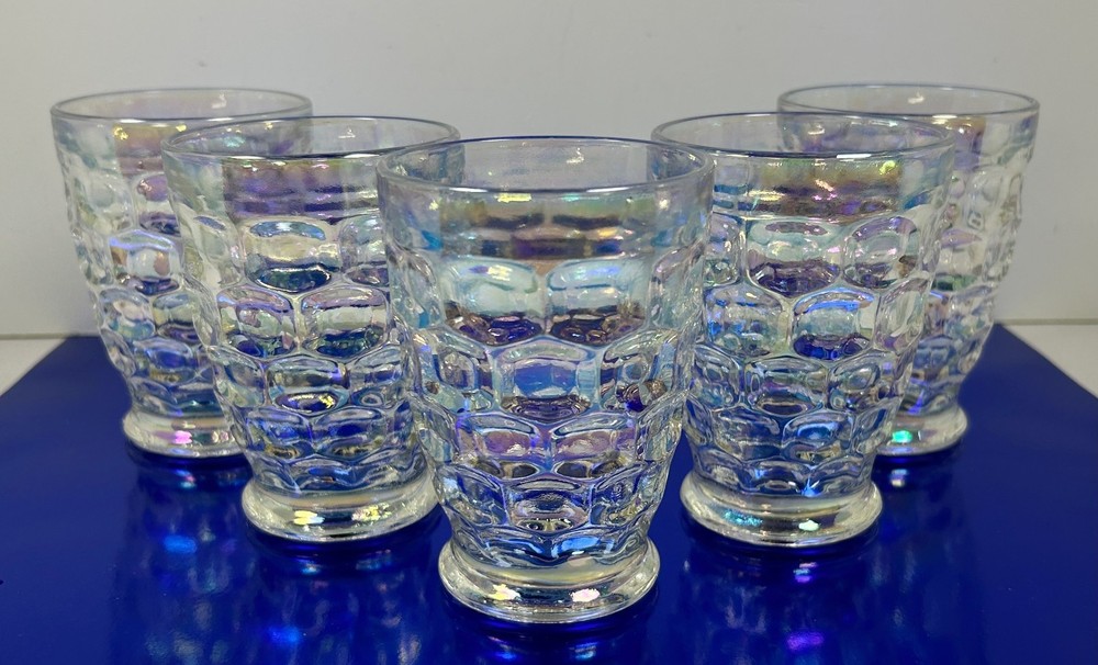 5 MCM Federal Glass Iridescent Yorktown Tumblers Vintage 1960s Thumbprint 6-oz