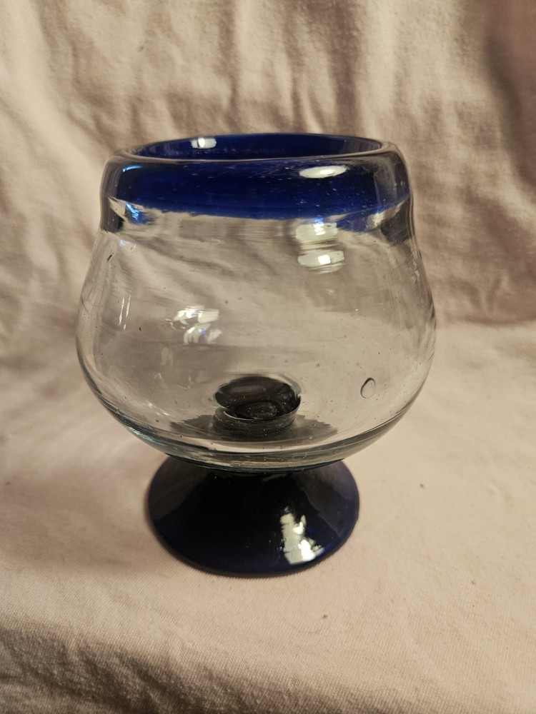 Vintage Mexican Hand Blown Brandy Snifter Cobalt Blue Rim & Base