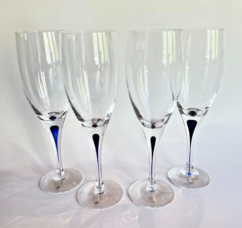 NWT Set of 4 Orrefors “INTERMEZZO” Blue Claret Wine Glasses Crystal 8.75” Sweden