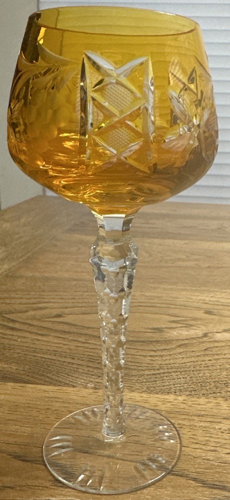 STUNNING VTG LAUSITZER Tangerine Cut To Clear Crystal LA15 Hock Wine Glass 8″H