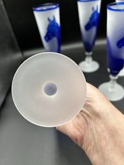VTG Cameo Glass Horse Champagne Flutes 5 Pc Blue Frosted Hand Carved Equestrian